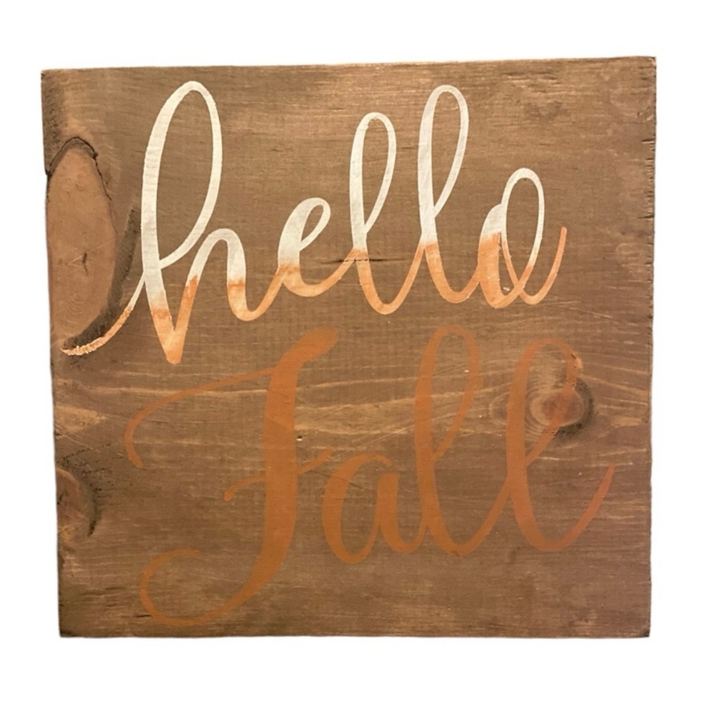 NEW Hello Fall Wood Sign Hand Painted Brown Orange Decor Rustic Cottage Core